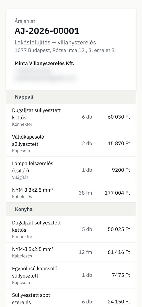 Az árajánlat, ahogy az ügyfél a telefonján látja: helyiségenként a tételek mennyiséggel és összeggel.